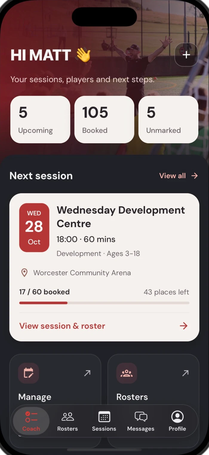 Coach home with upcoming sessions and bookings
