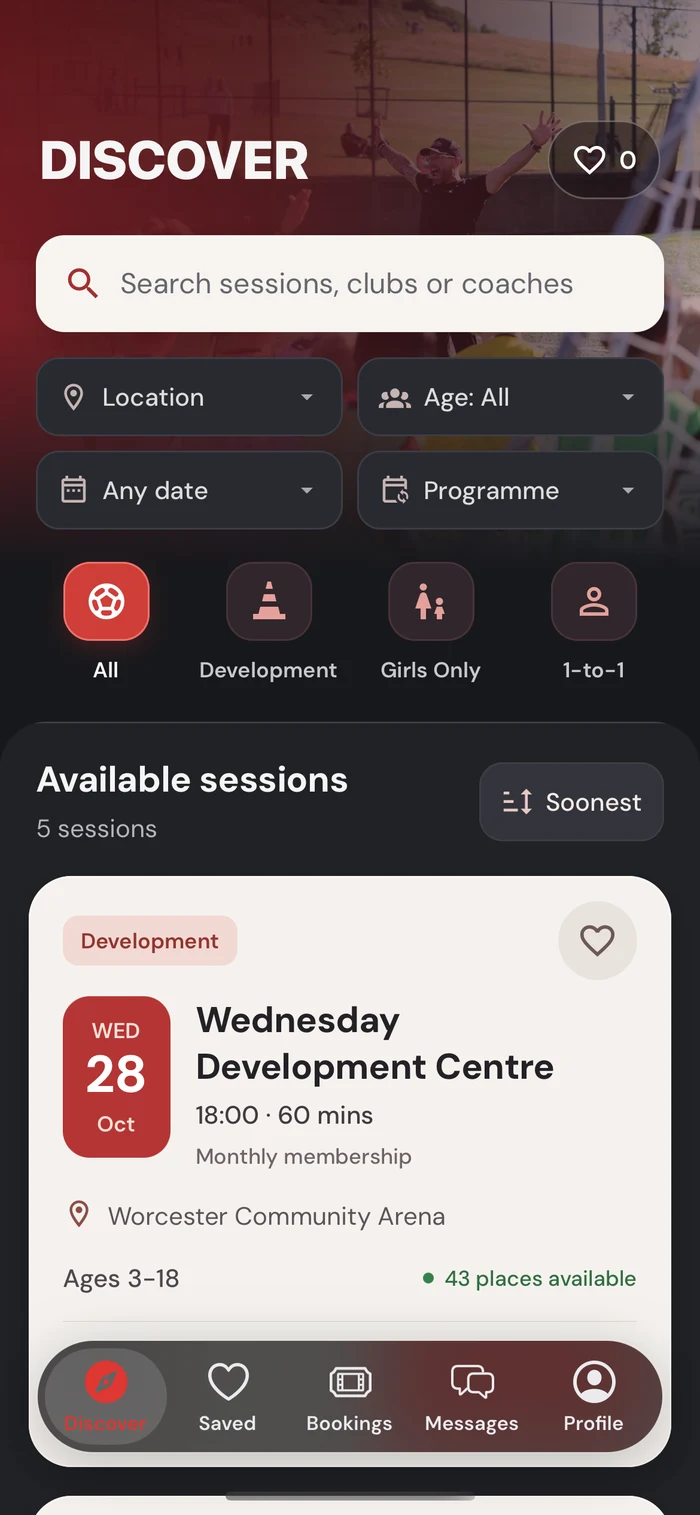 Discover sessions and filter by age, location and date