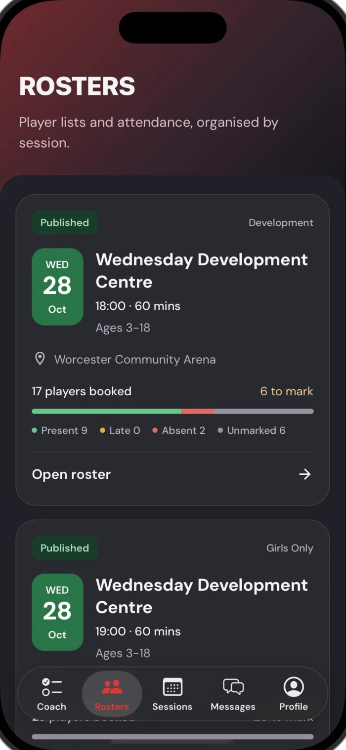 Session rosters with attendance summaries